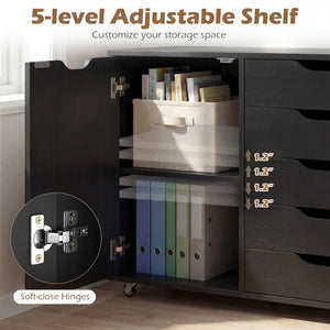 5-Drawer Rolling Storage Cart with Side Cabinet-Black