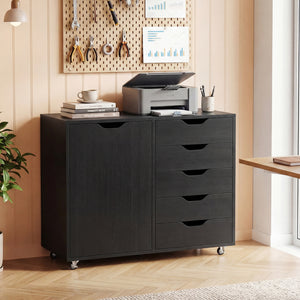 5-Drawer Rolling Storage Cart with Side Cabinet-Black