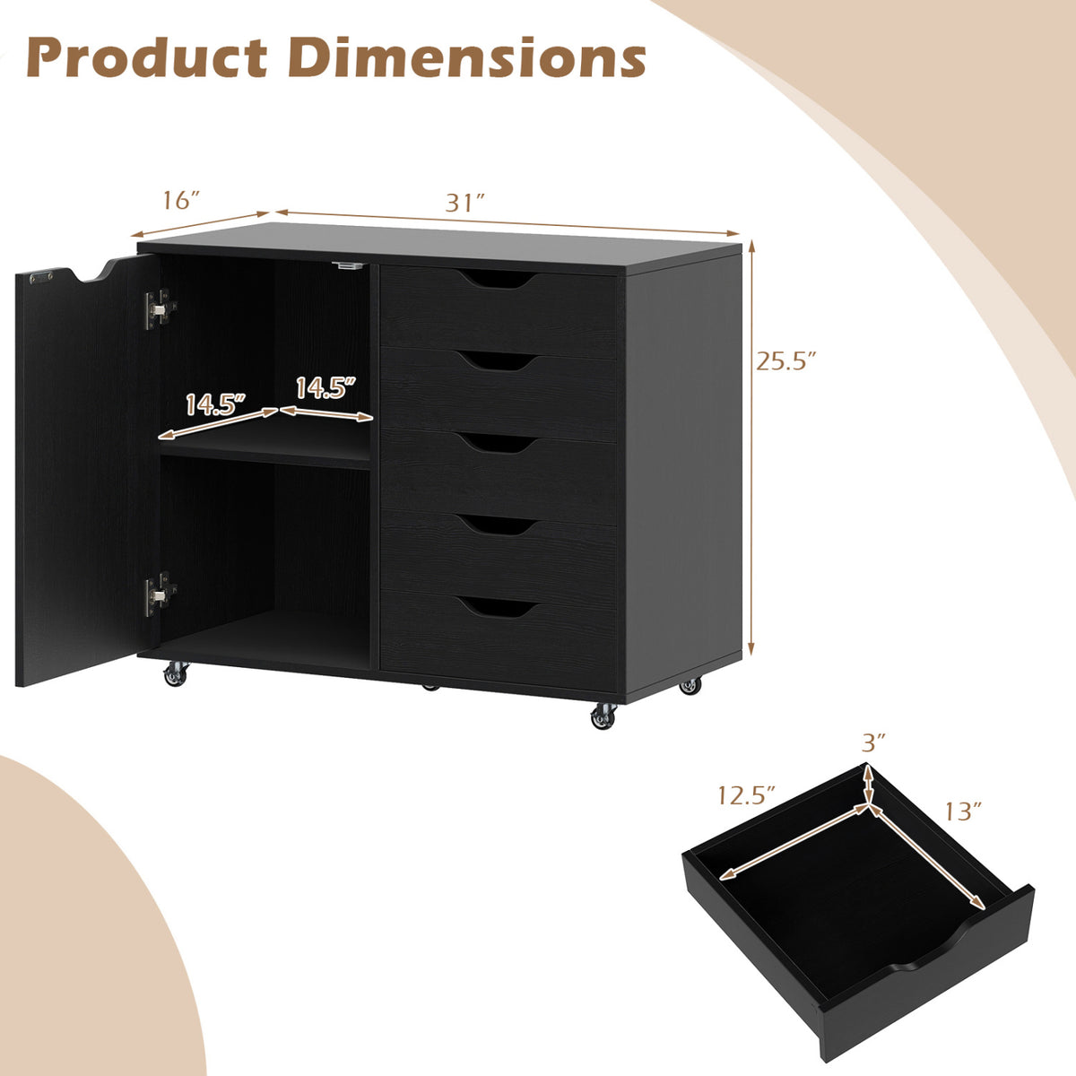 5-Drawer Rolling Storage Cart with Side Cabinet-Black