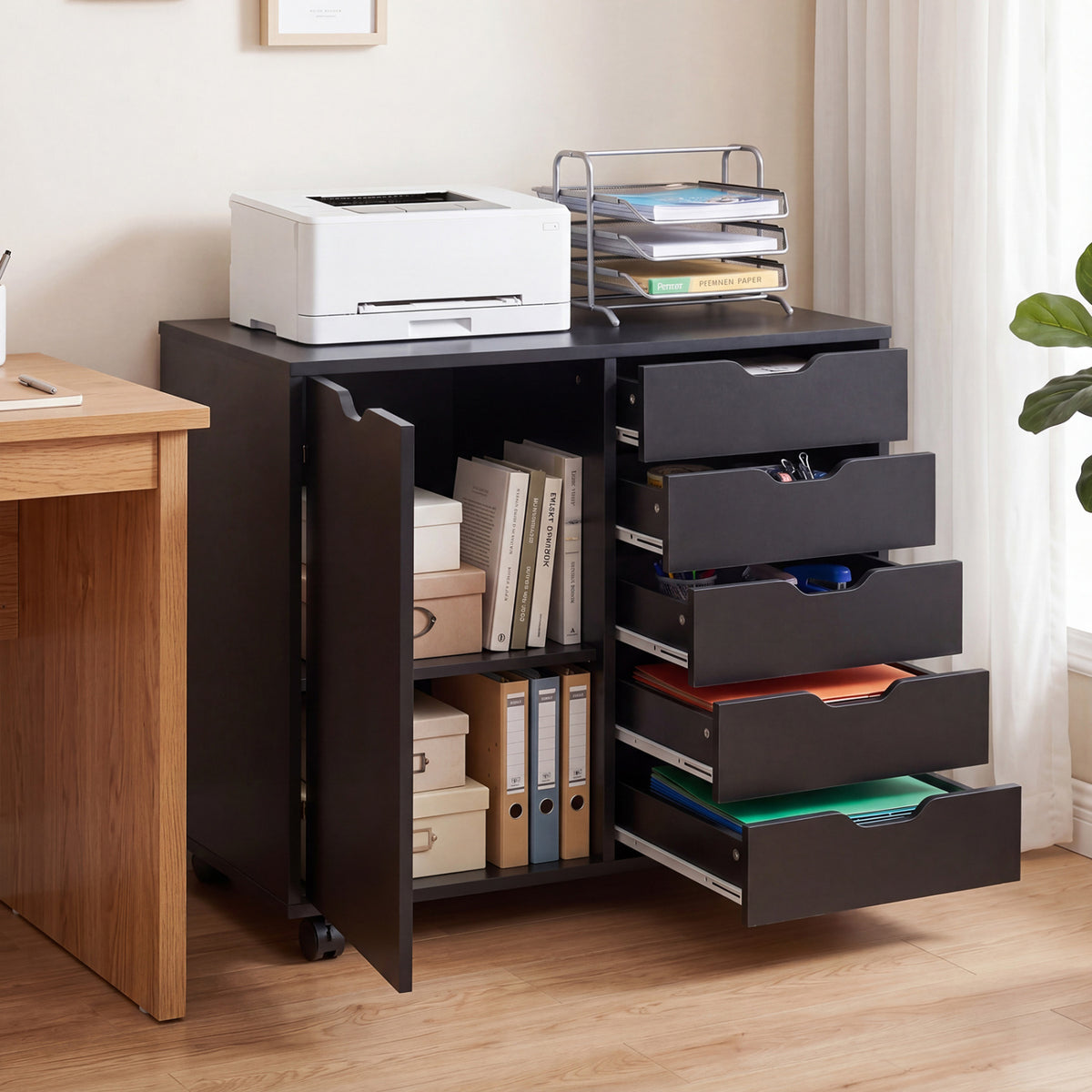5 Drawer Storage Cabinet on Wheels with Adjustable Shelf-Black