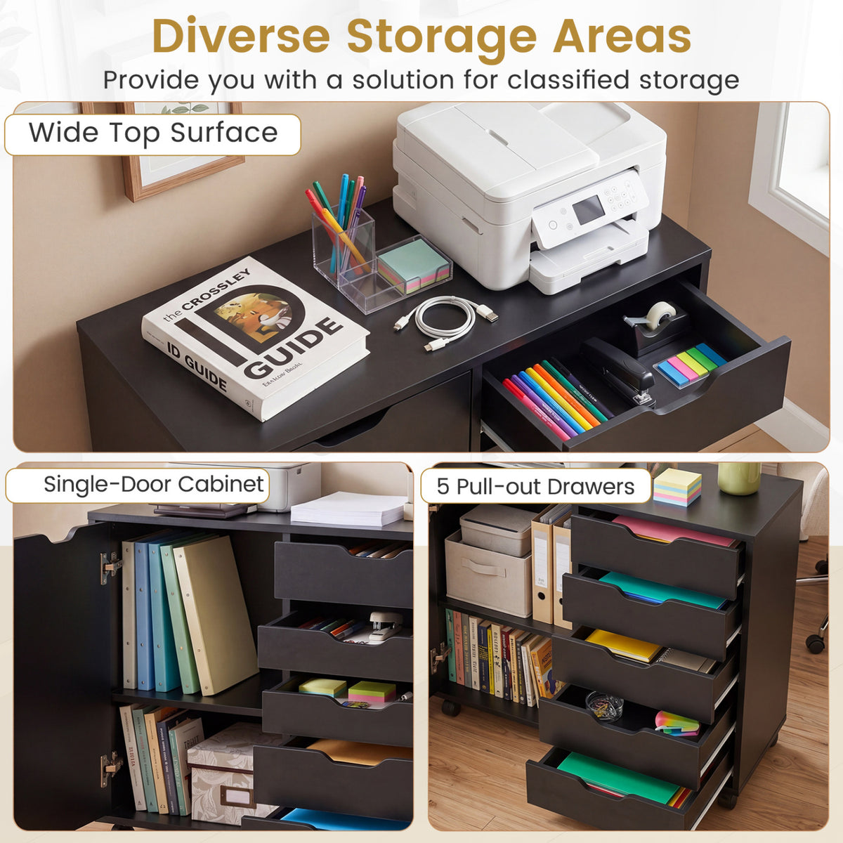 5 Drawer Storage Cabinet on Wheels with Adjustable Shelf-Black