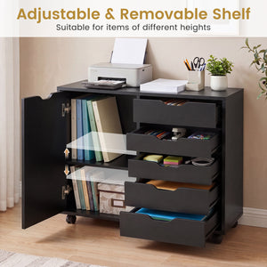 5 Drawer Storage Cabinet on Wheels with Adjustable Shelf-Black