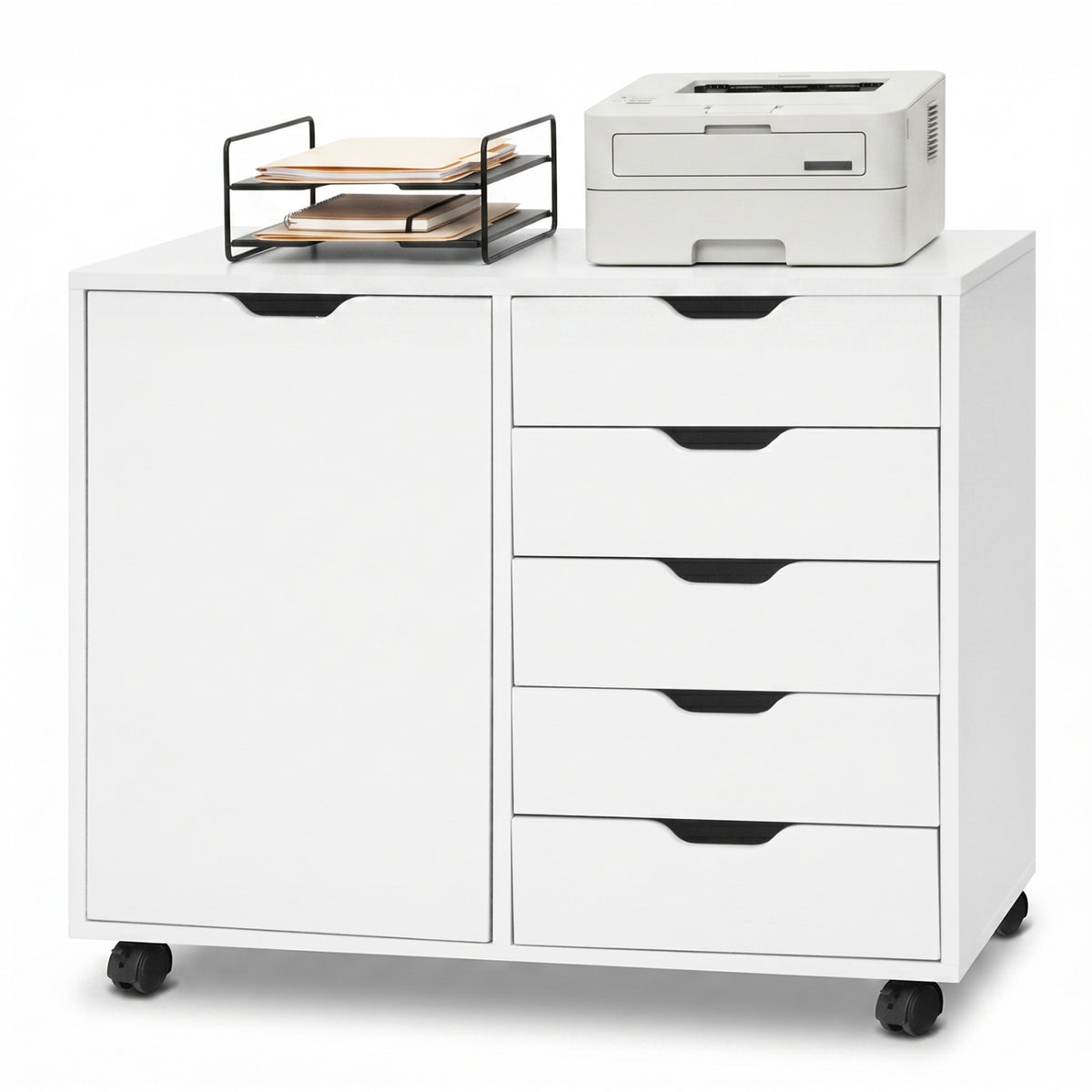 5 Drawer Storage Cabinet on Wheels with Adjustable Shelf-White