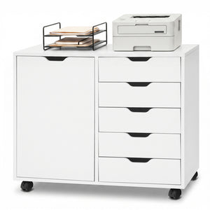 5 Drawer Storage Cabinet on Wheels with Adjustable Shelf-White