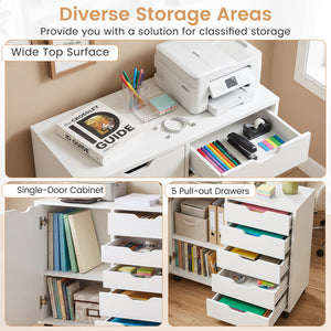5 Drawer Storage Cabinet on Wheels with Adjustable Shelf-White