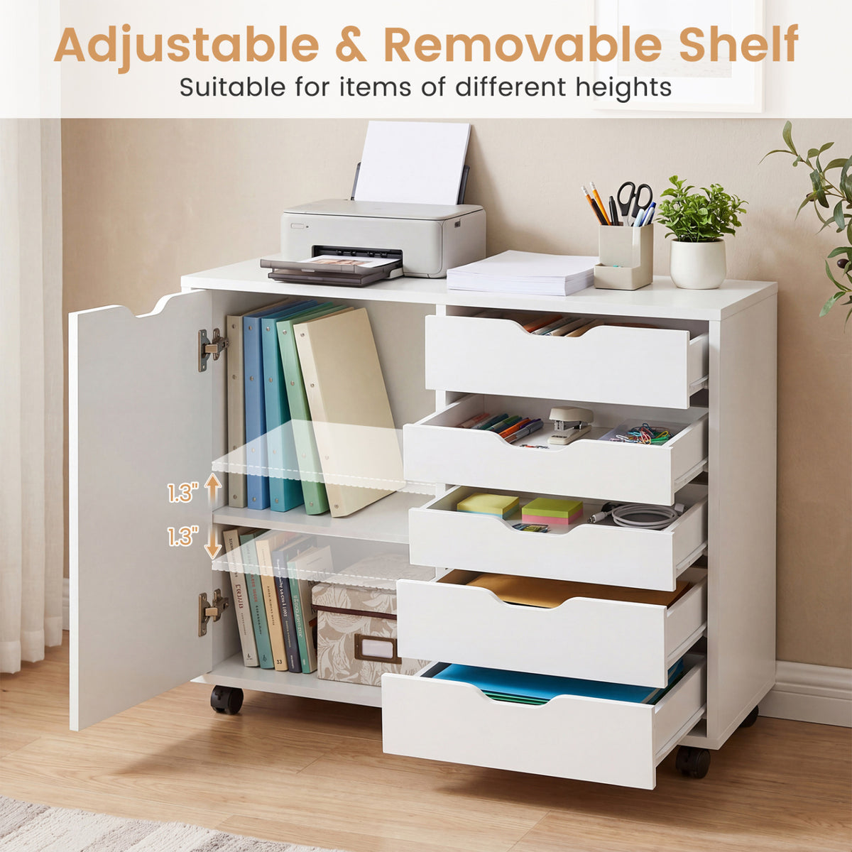 5 Drawer Storage Cabinet on Wheels with Adjustable Shelf-White