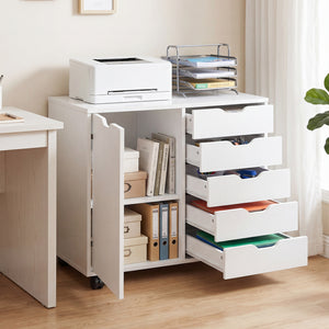 5 Drawer Storage Cabinet on Wheels with Adjustable Shelf-White