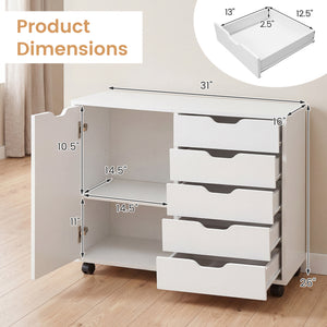 5 Drawer Storage Cabinet on Wheels with Adjustable Shelf-White