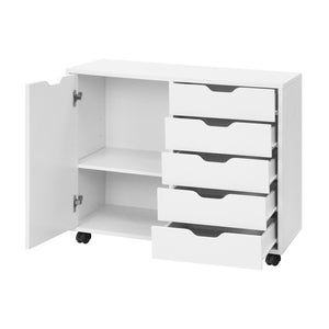 5 Drawer Storage Cabinet on Wheels with Adjustable Shelf-White