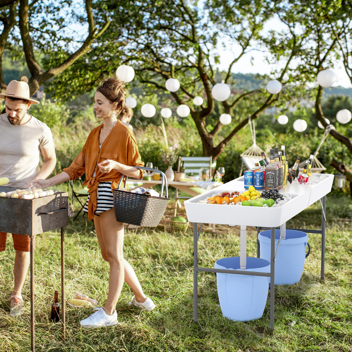 5 FT Folding Ice Cooler Table with Double Sinks for Camping Party Picnic Wedding-White