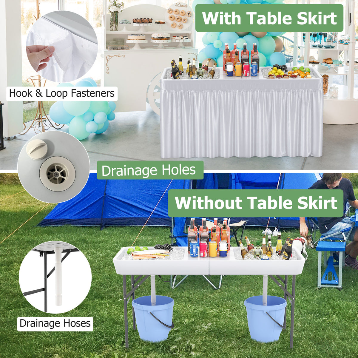5 FT Folding Ice Cooler Table with Double Sinks for Camping Party Picnic Wedding-White