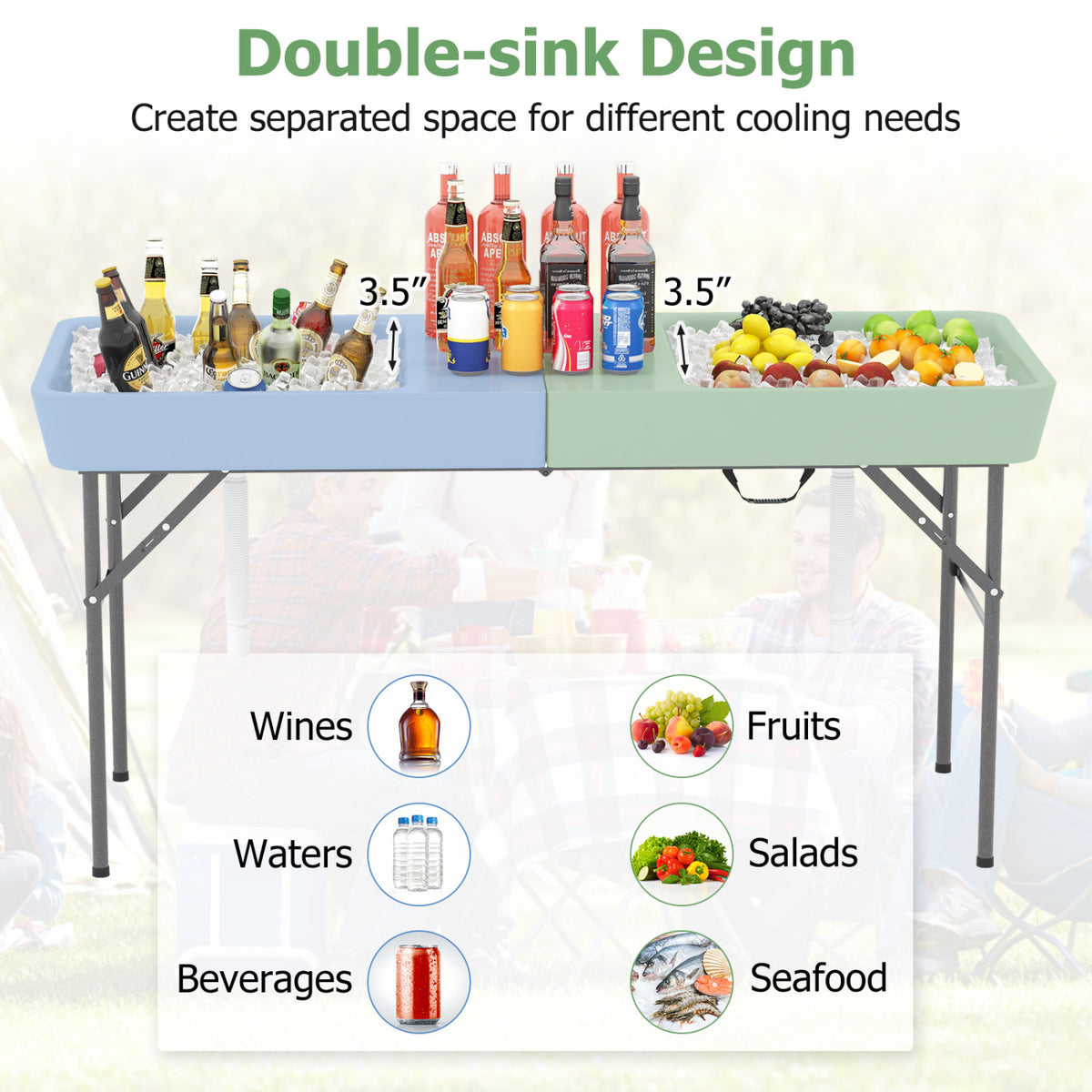 5 FT Folding Ice Cooler Table with Double Sinks for Camping Party Picnic Wedding-White