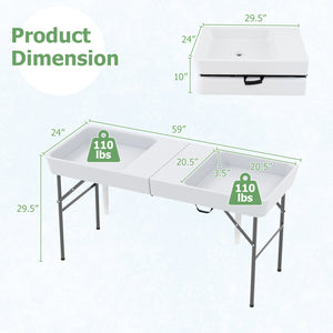 5 FT Folding Ice Cooler Table with Double Sinks for Camping Party Picnic Wedding-White