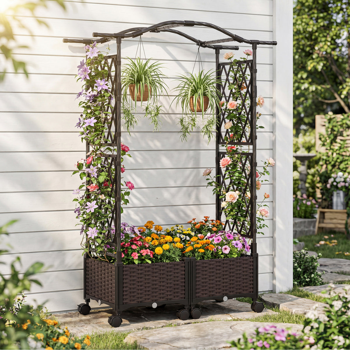 5 FT Self-Watering Planter Boxes with Lattice Trellis and Roof-Brown