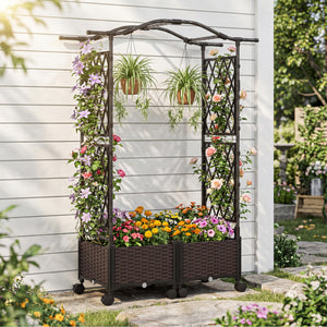 5 FT Self-Watering Planter Boxes with Lattice Trellis and Roof-Brown