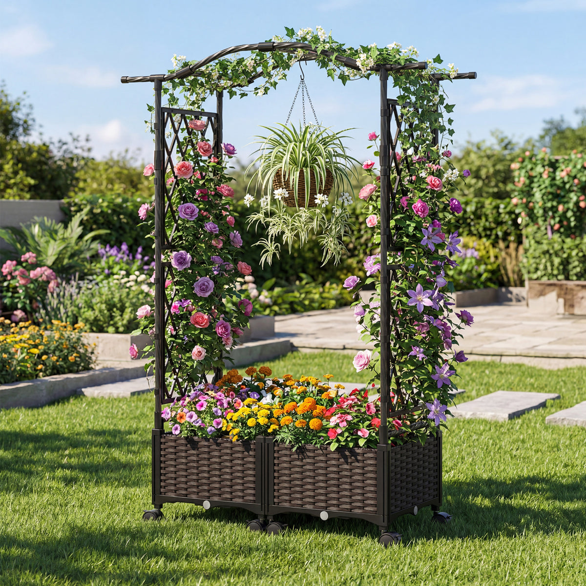 5 FT Self-Watering Planter Boxes with Lattice Trellis and Roof-Brown
