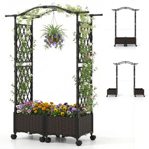 5 FT Self-Watering Planter Boxes with Lattice Trellis and Roof-Brown