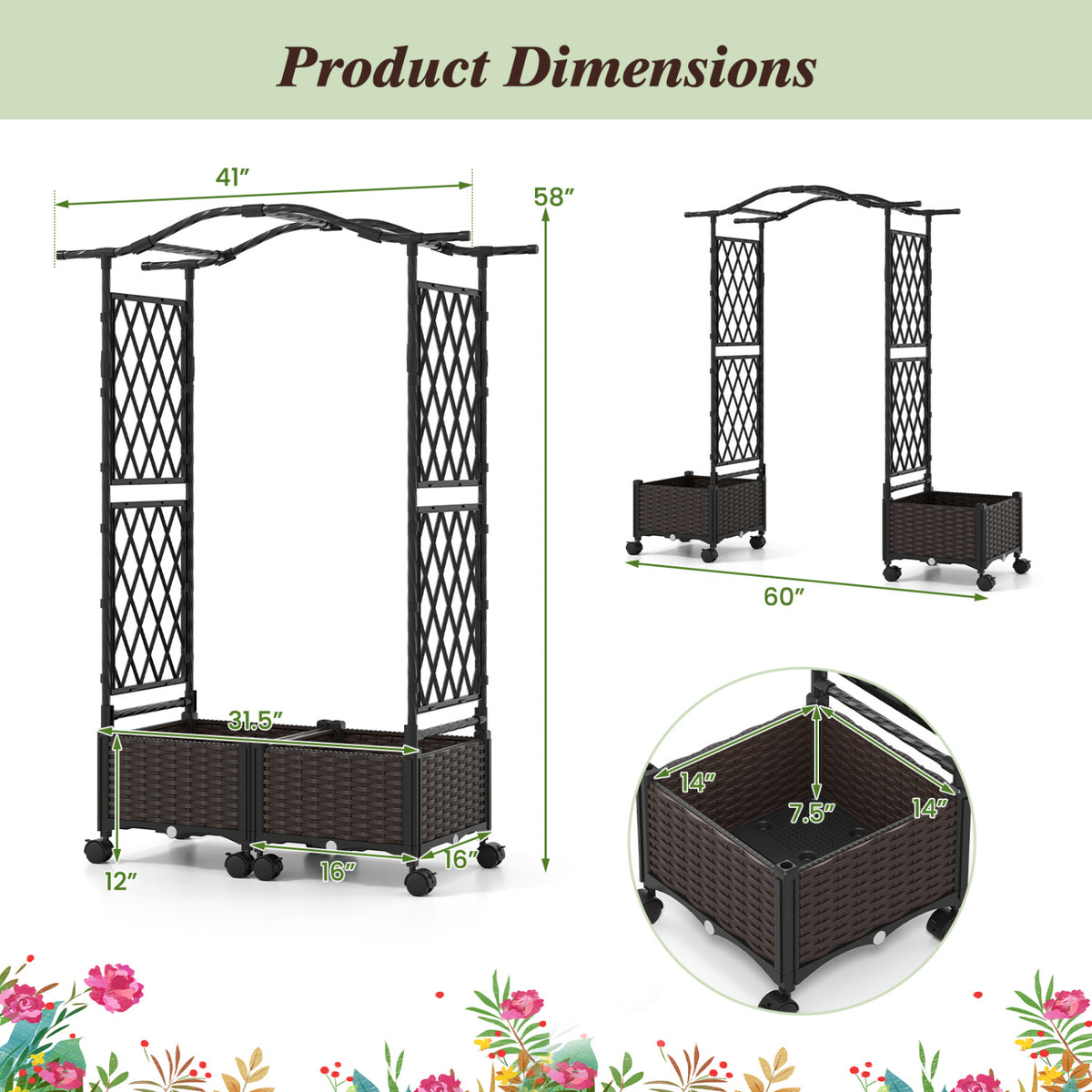 5 FT Self-Watering Planter Boxes with Lattice Trellis and Roof-Brown