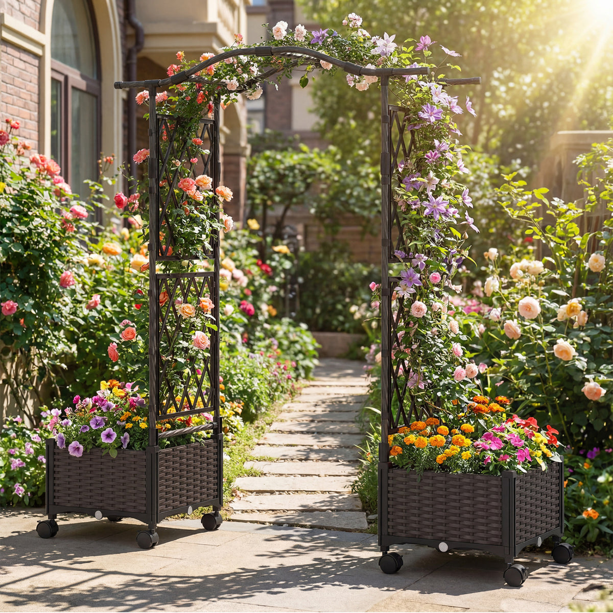 5 FT Self-Watering Planter Boxes with Lattice Trellis and Roof-Brown