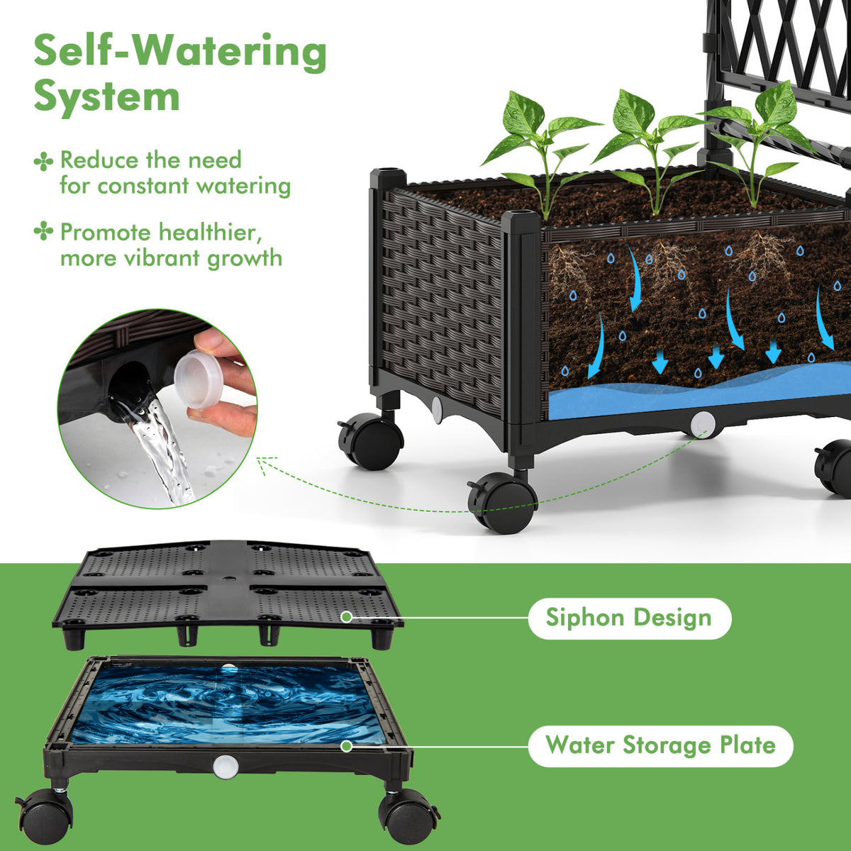 5 FT Self-Watering Planter Boxes with Lattice Trellis and Roof-Brown