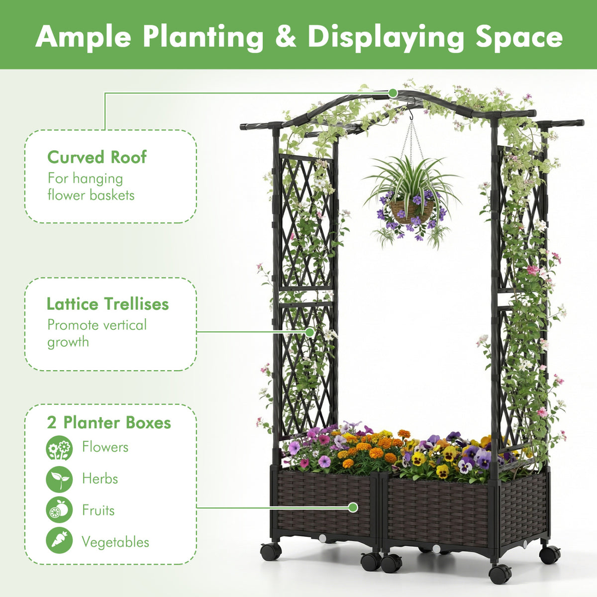 5 FT Self-Watering Planter Boxes with Lattice Trellis and Roof-Brown
