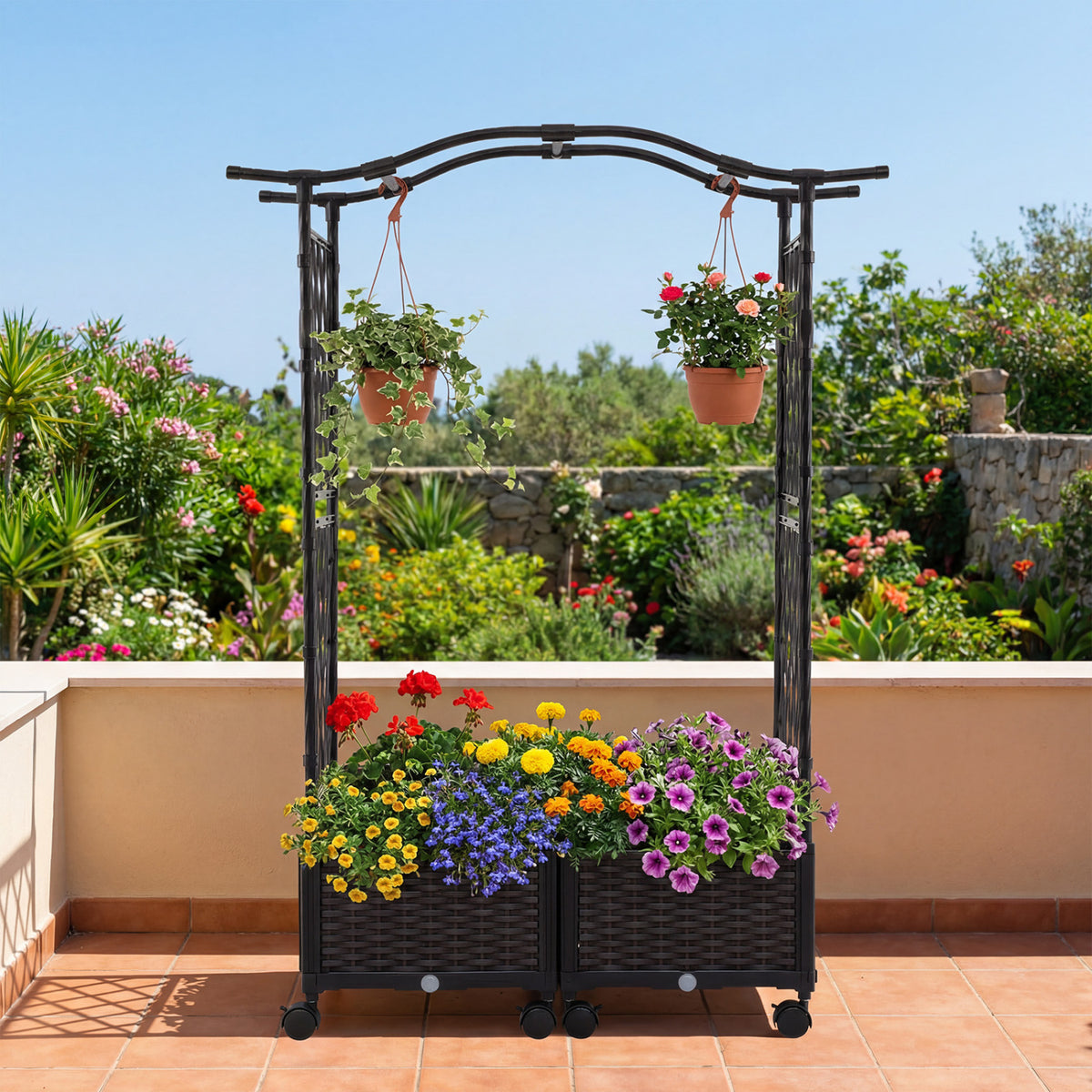 5 FT Tall Raised Garden bed with Lockable Wheels and Hanging Roof for Climbing Flowers-Brown