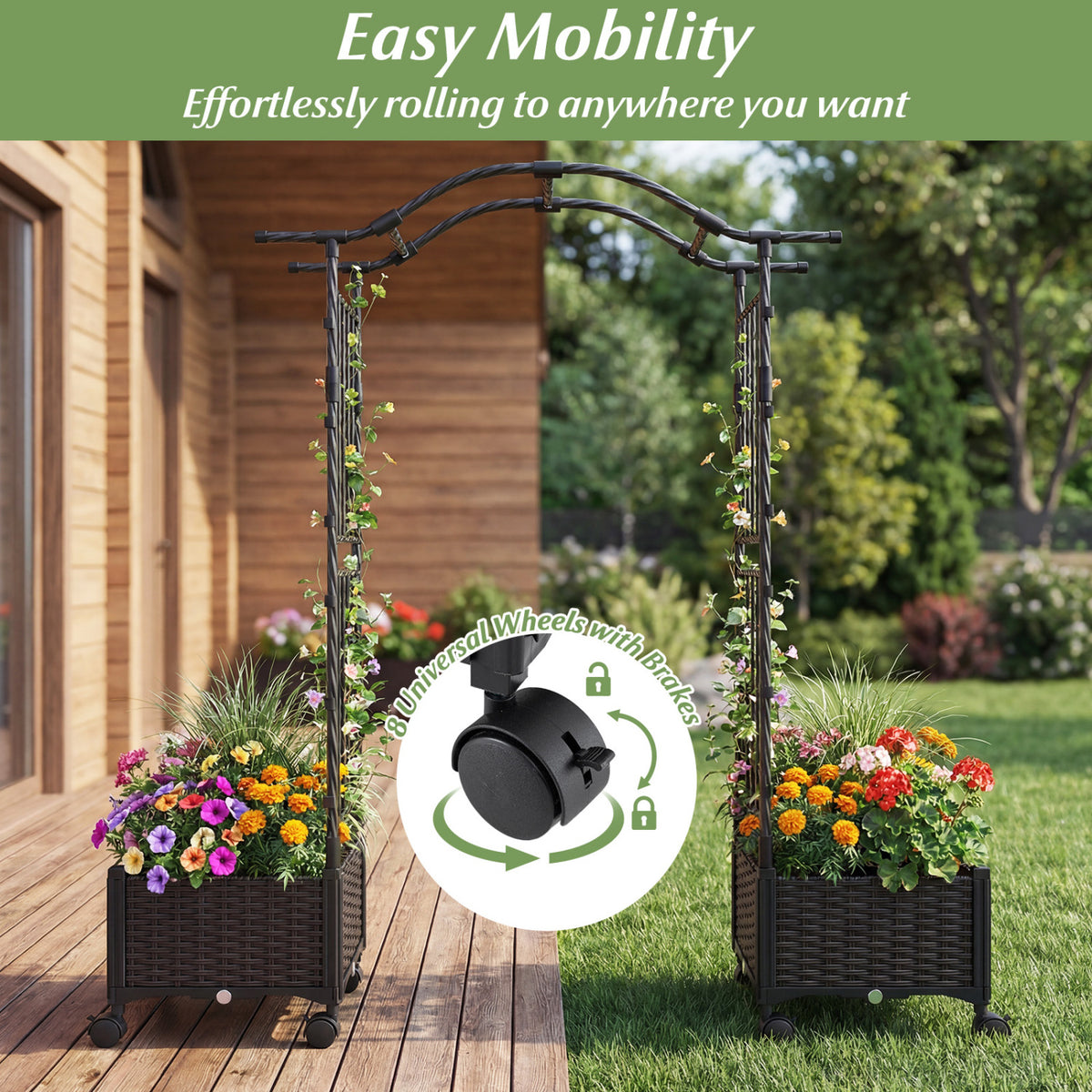 5 FT Tall Raised Garden bed with Lockable Wheels and Hanging Roof for Climbing Flowers-Brown