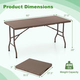 5FT Folding Picnic Table with Rattan Grain HDPE Tabletop and Sturdy Metal Fame-Coffee
