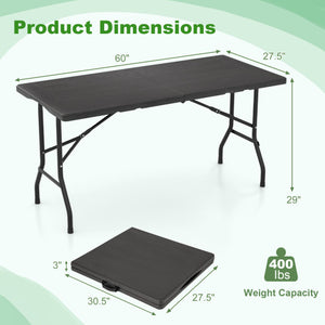 5FT Folding Picnic Table with Wood Grain HDPE Tabletop and  Non-slip Foot Pads-Black