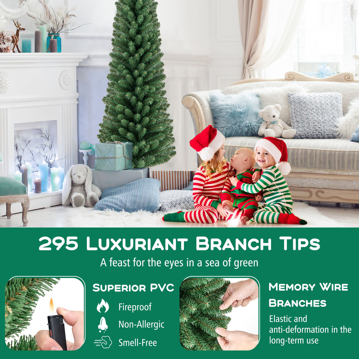 5/6/7/8 Feet Pencil Christmas Tree with 295/392/523/671 Memory Wire Branch Tips and Upgraded Metal Stand-5 feet