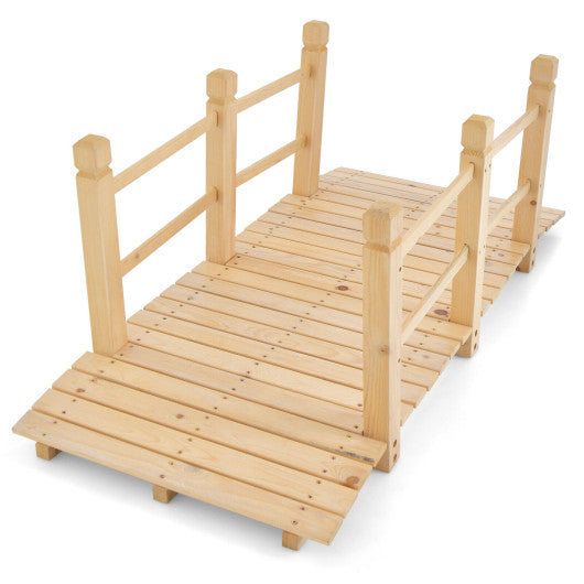 5 Feet Wooden Garden Bridge with Safety Rails-Natural