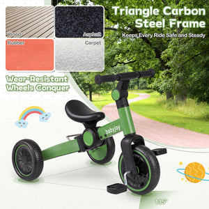 5-In-1 Toddler Bike Kids Balance Bike with Removable Pedals-Green