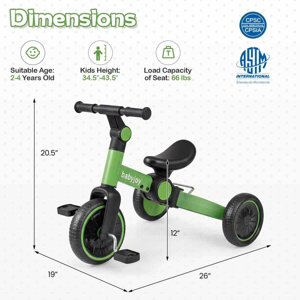 5-In-1 Toddler Bike Kids Balance Bike with Removable Pedals-Green