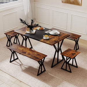 5-Piece Dining Room Set Industrial Rectangular Kitchen Table with 2 Benches and 2 Stools-Rustic Brown