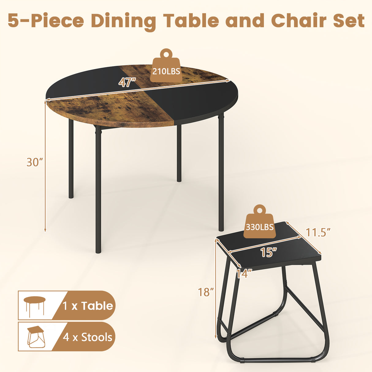 5-Piece Dining Set for 4 47 Inch Round  Kitchen Table and 4 Stools-Brown