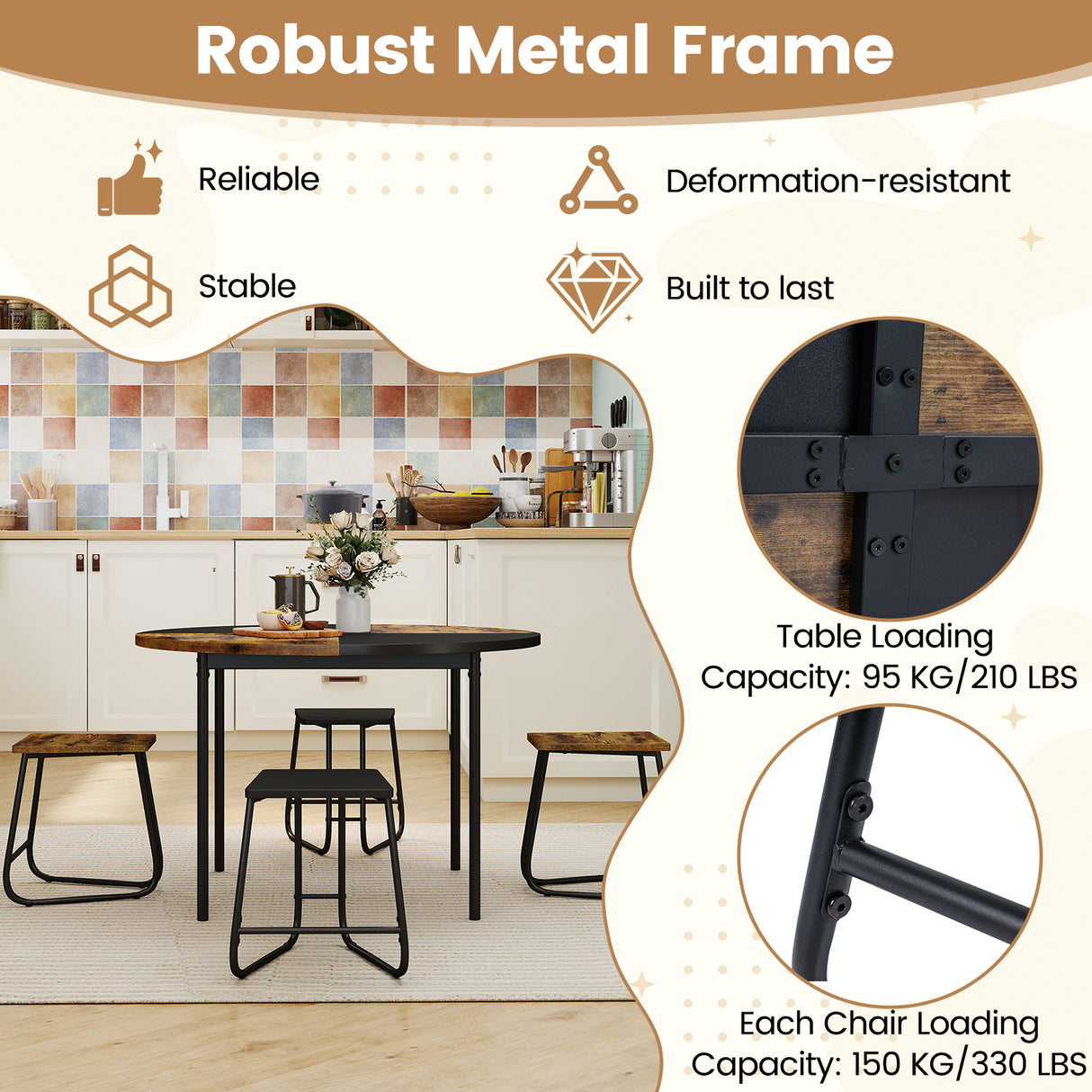5-Piece Dining Set for 4 47 Inch Round  Kitchen Table and 4 Stools-Brown