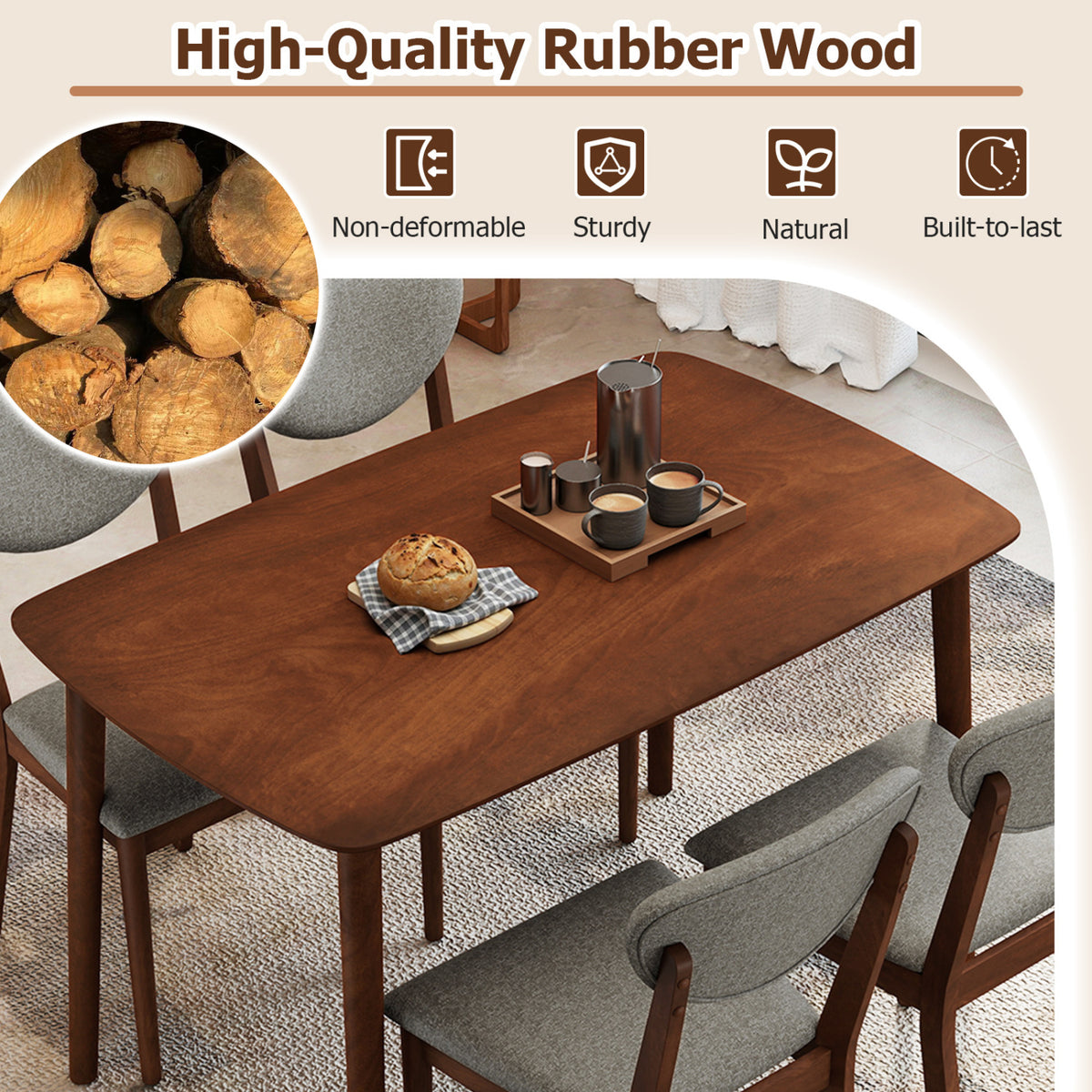 5-Piece Dining Set for 4 with Rectangular Table & Fabric Chairs for Living Room-Gray