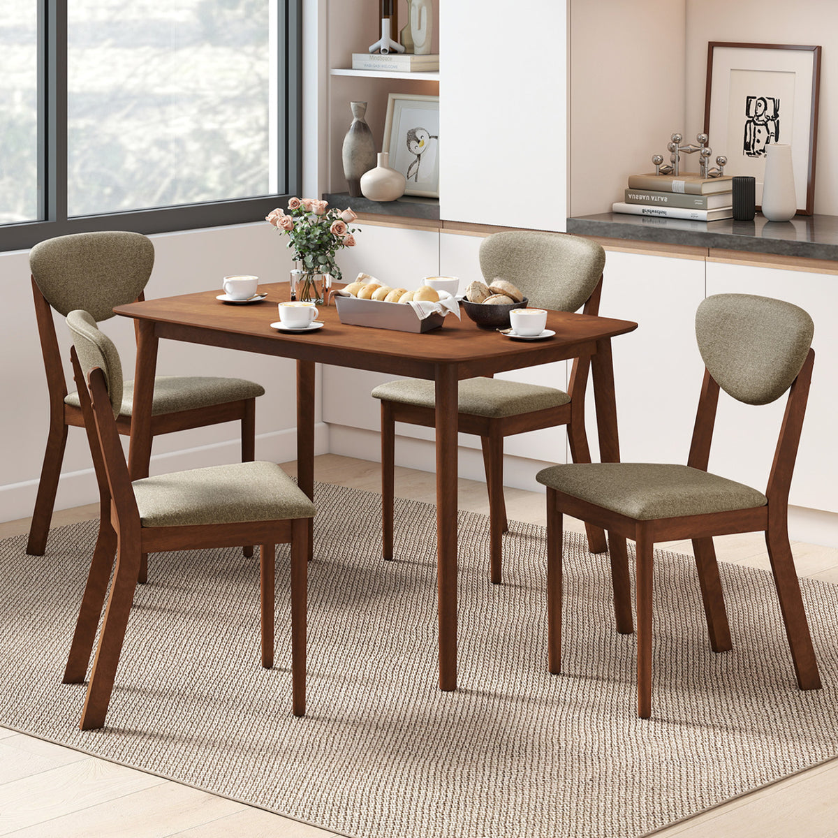 5-Piece Dining Set for 4 with Rectangular Table & Fabric Chairs for Living Room-Beige