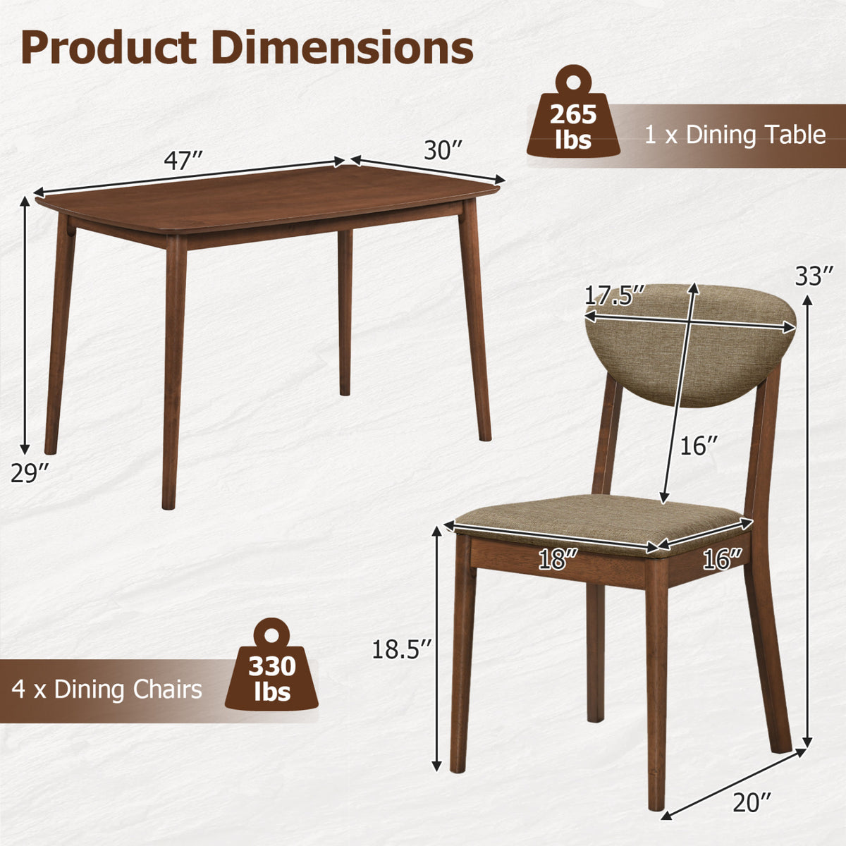 5-Piece Dining Set for 4 with Rectangular Table & Fabric Chairs for Living Room-Beige