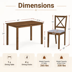 5-Piece Dining Set with Rectangular Table & Fabric Chairs for Small Space-Gray