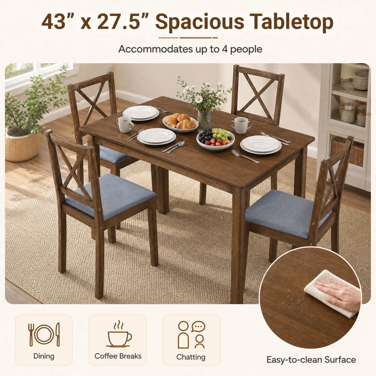 5-Piece Dining Set with Rectangular Table & Fabric Chairs for Small Space-Gray