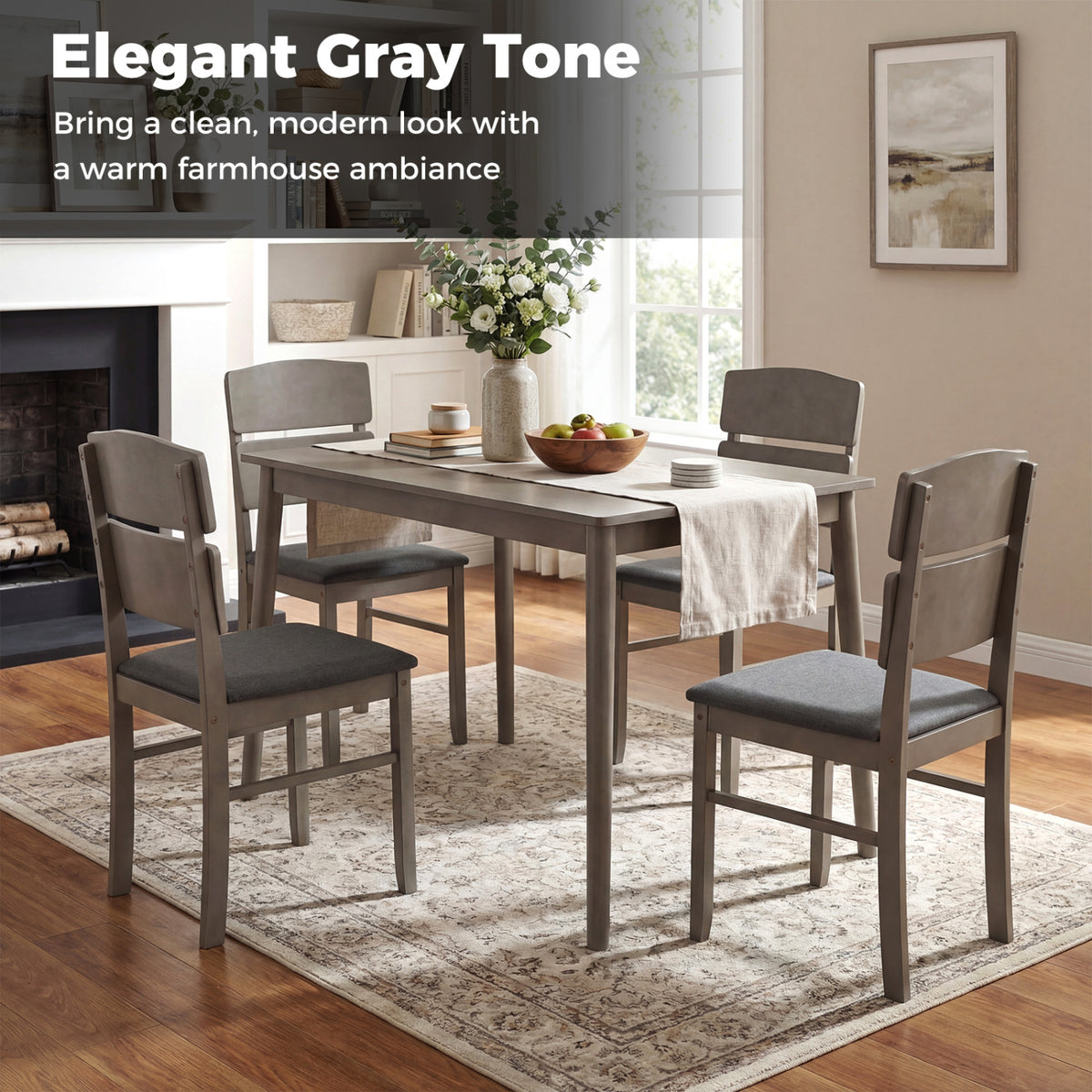 5-Piece Dining Table Set with High Curved Back for 4 People-Gray