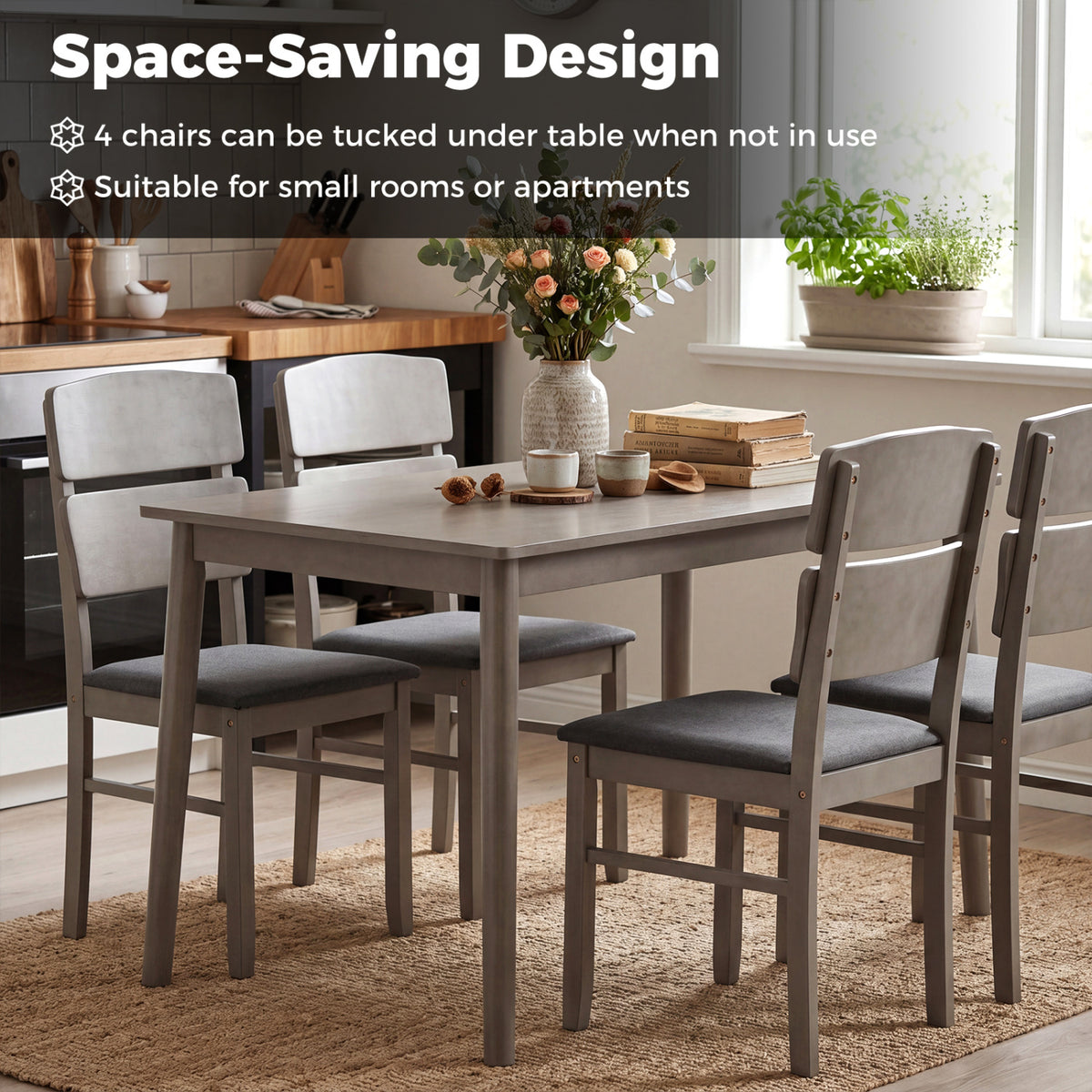 5-Piece Dining Table Set with High Curved Back for 4 People-Gray
