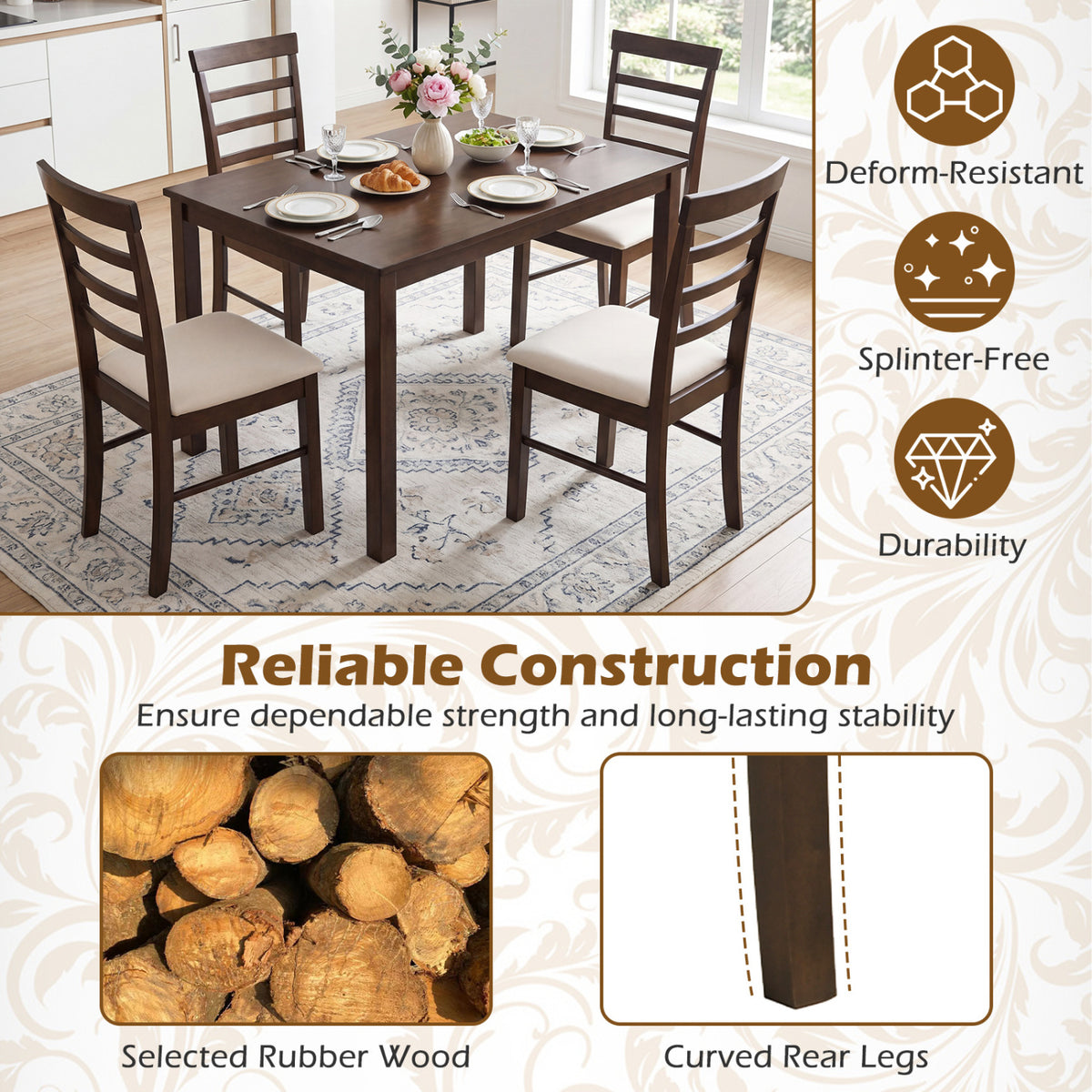 5-Piece Dining Table Set for 4 with Upholstered Chairs for Small Space and Dining Room-Brown