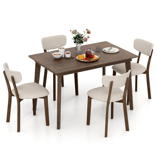 5-Piece Dining Table Set for 4 with Rubber Wood Frame and Padded Set-Brown