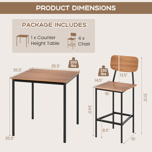 5-Piece Industrial Dining Table Set with Counter Height Table and 4 Bar Stools-Teak