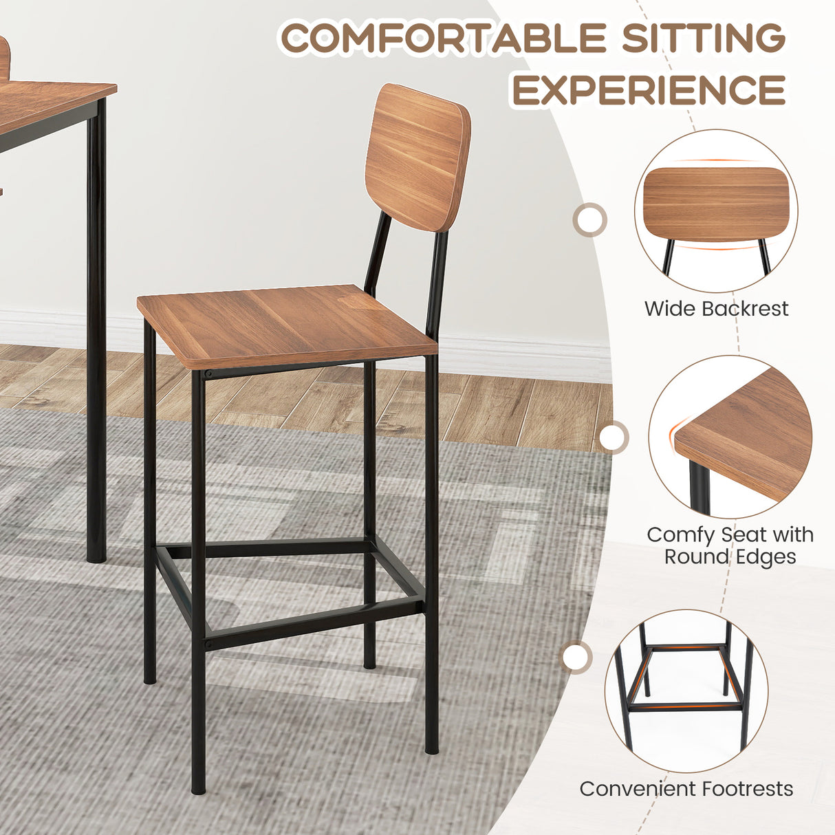 5-Piece Industrial Dining Table Set with Counter Height Table and 4 Bar Stools-Teak