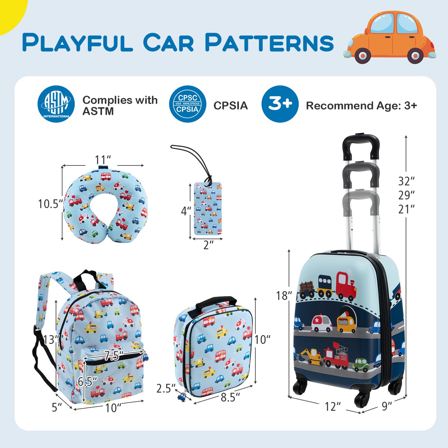 5 Piece Kids Luggage Set with Backpack  Neck Pillow  Name Tag  Lunch Bag-Blue