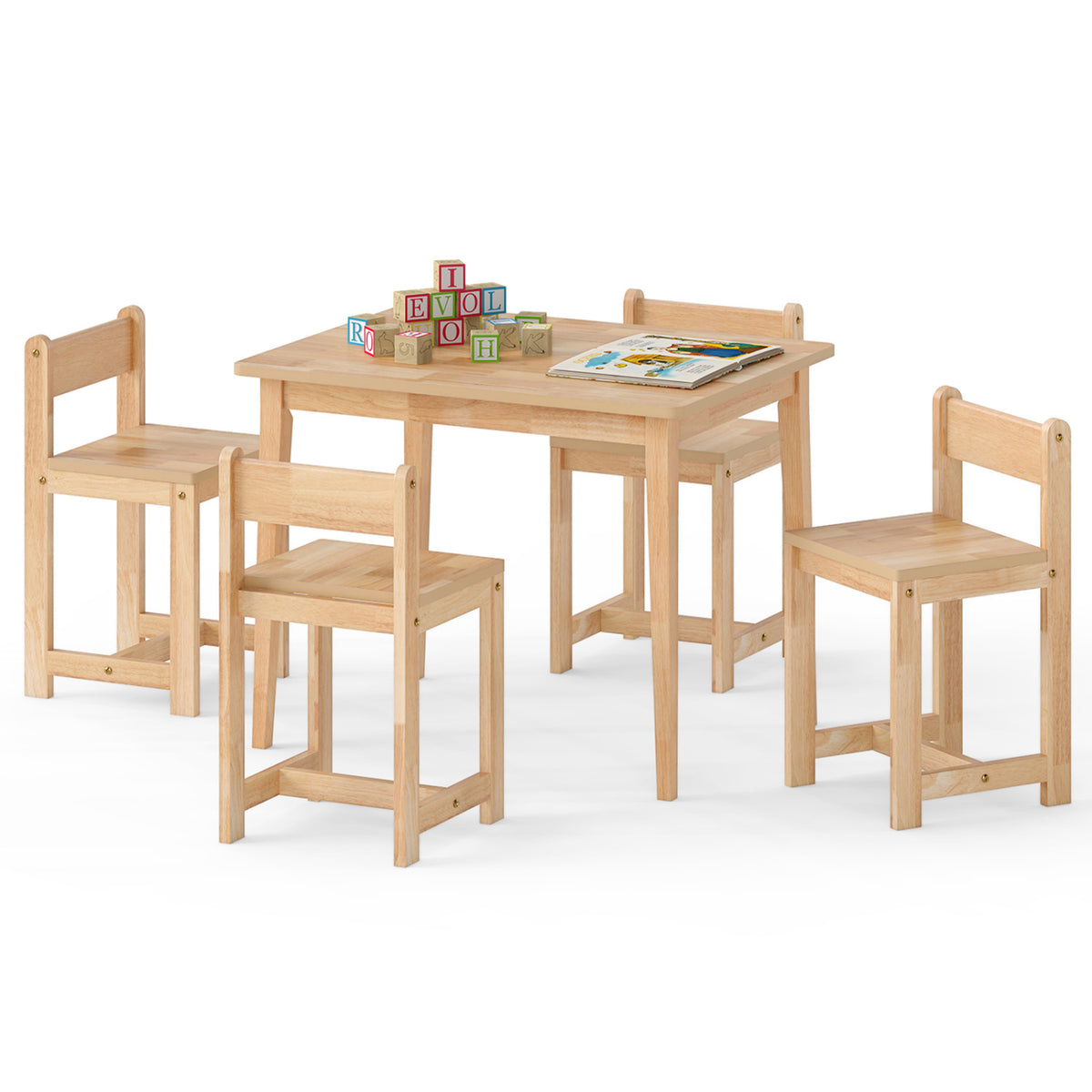 5-Piece Kids Table and Chairs Set Solid Rubber Wood Toddler Activity Table-Natural