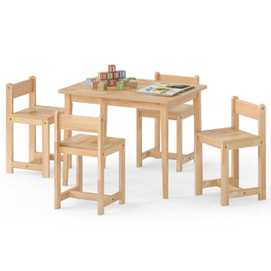 5-Piece Kids Table and Chairs Set Solid Rubber Wood Toddler Activity Table-Natural